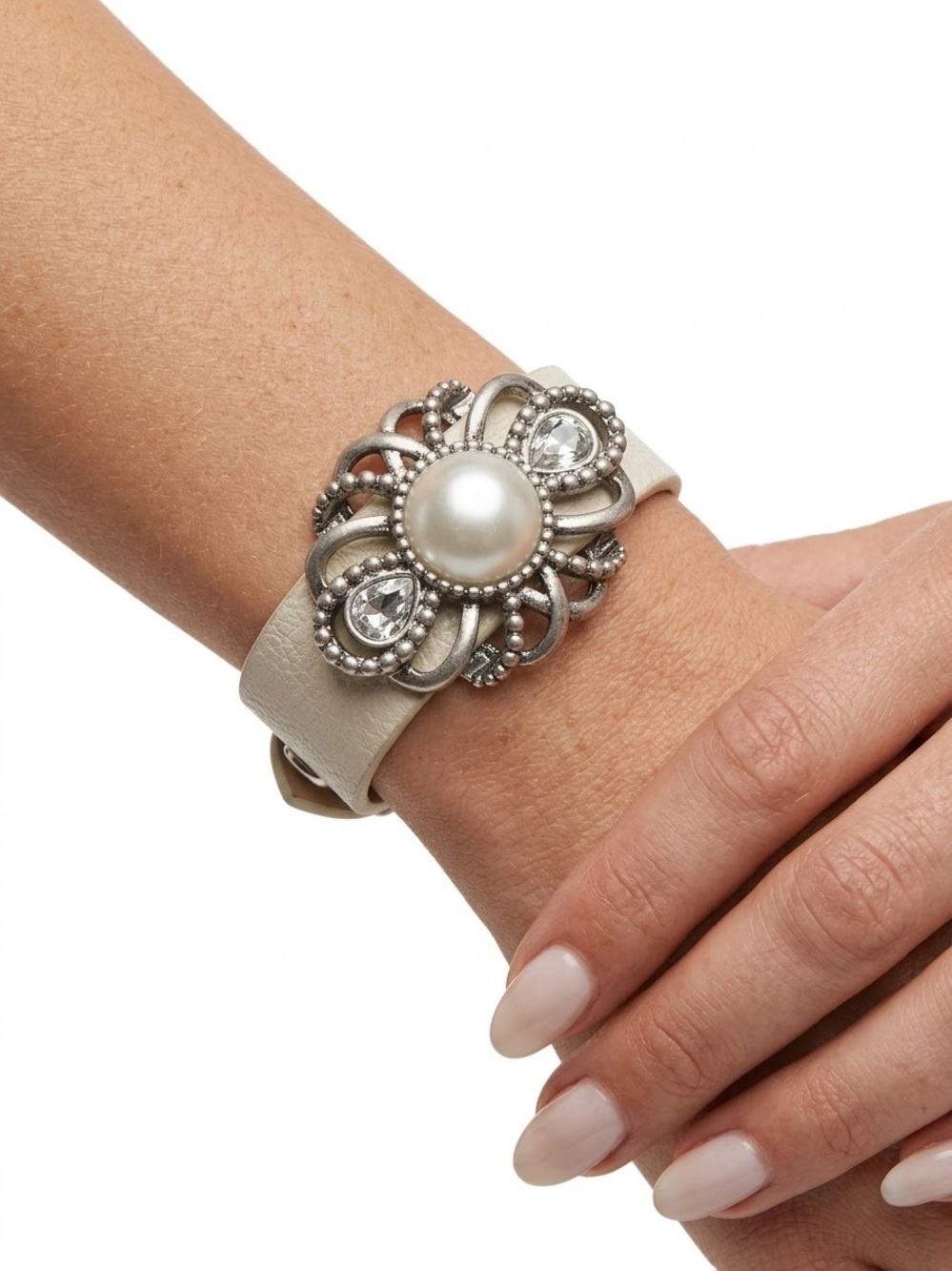 Lia Sophia Cream Leather Cuff with Pearl & Crystal Floral Medallion